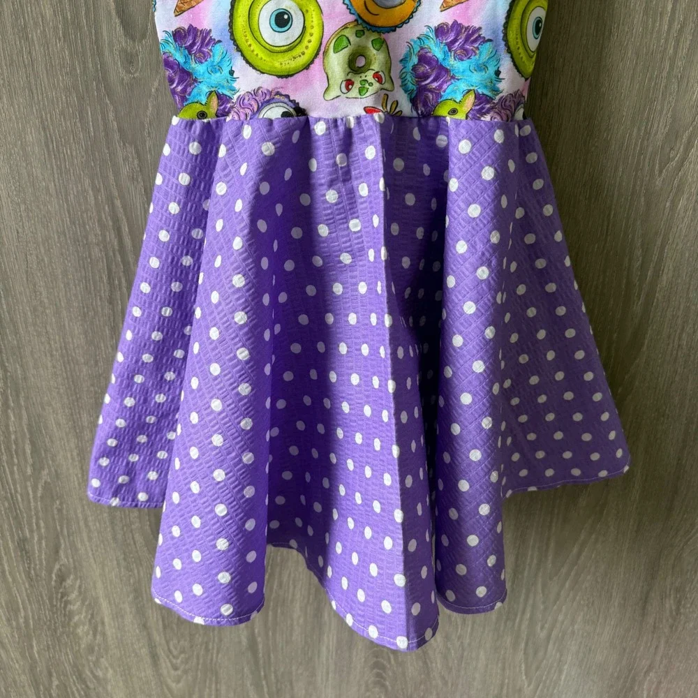 Handmade Custom Disney Monster Print Dress Girl 4/5 Purple Polka Dot Disneybound